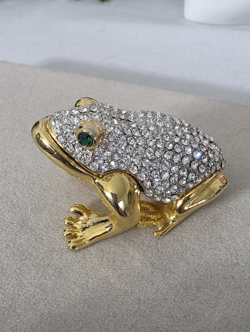 Vintage Gold Pave Rhinestone Frog Trinket Box | Green Eye Crystal Toad